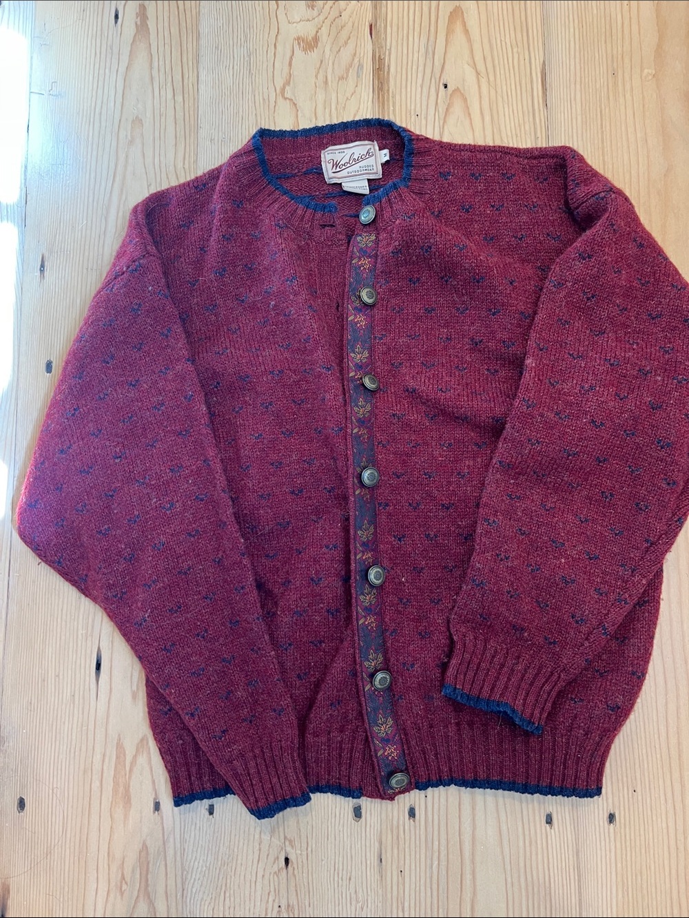 Woolrich Burgundy Button-Up Wool Cardigan with Navy Trim